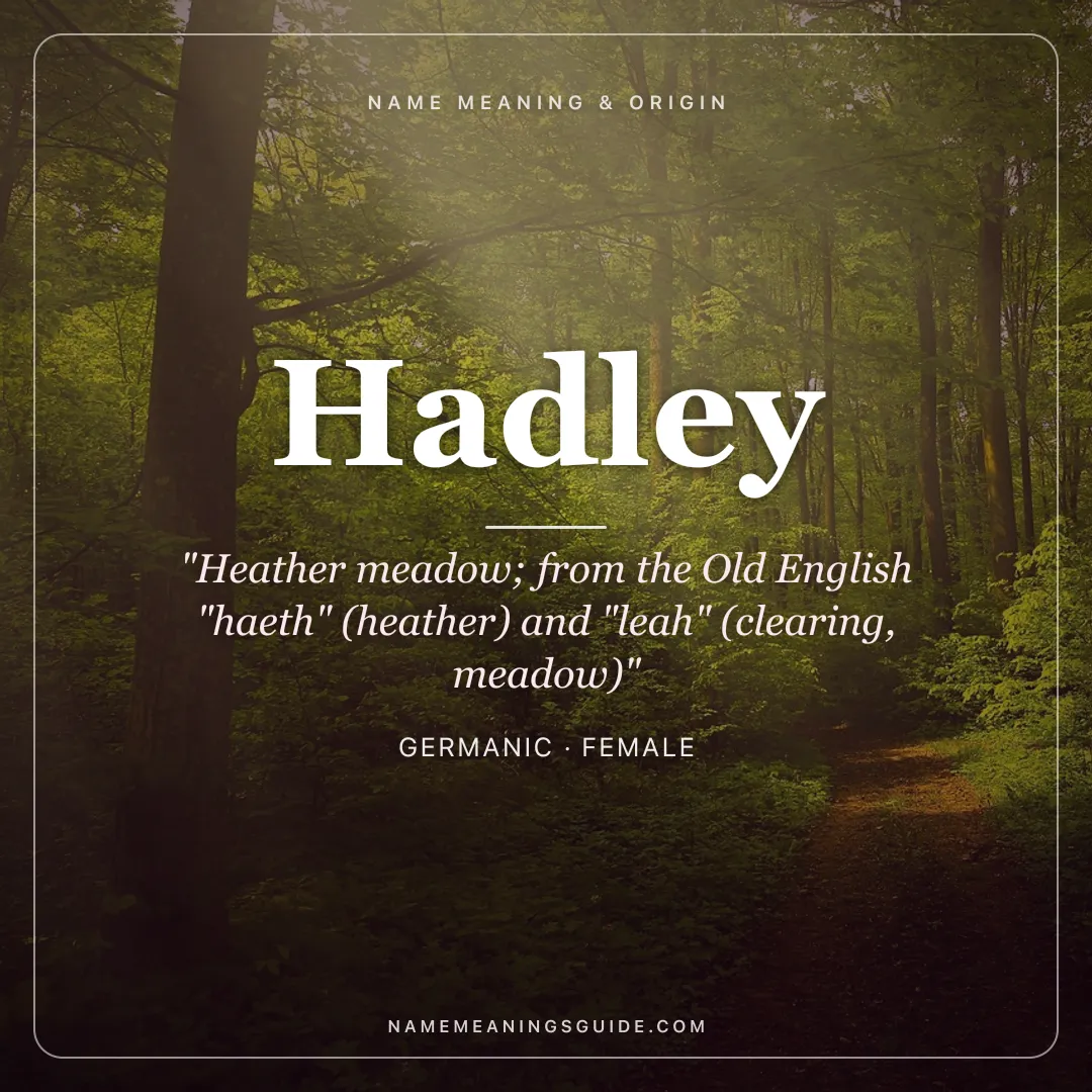 Hadley name meaning "Heather meadow; from the Old English "haeth" (heather) and "leah" (clearing, meadow)" - Germanic female name share card | NameMeanings