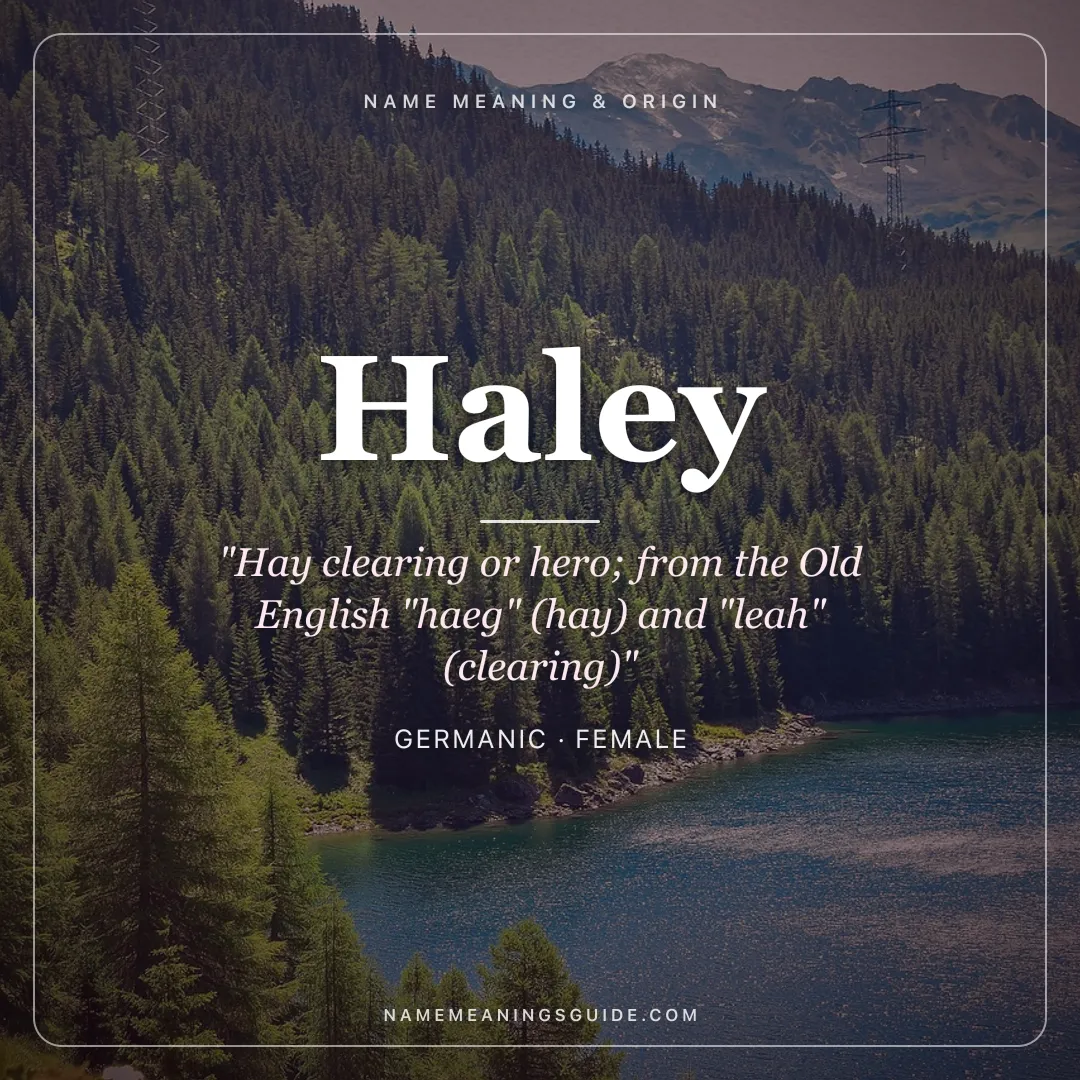 Haley name meaning "Hay clearing or hero; from the Old English "haeg" (hay) and "leah" (clearing)" - Germanic female name share card | NameMeanings