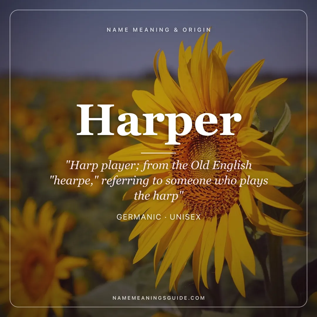 Harper name meaning "Harp player; from the Old English "hearpe," referring to someone who plays the harp" - Germanic unisex name share card | NameMeanings