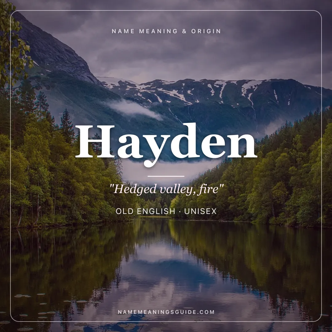Hayden name meaning "Hedged valley, fire" - Old English unisex name share card | NameMeanings