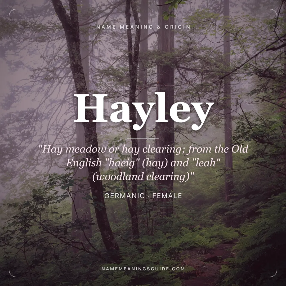 Hayley name meaning "Hay meadow or hay clearing; from the Old English "haeig" (hay) and "leah" (woodland clearing)" - Germanic female name share card | NameMeanings