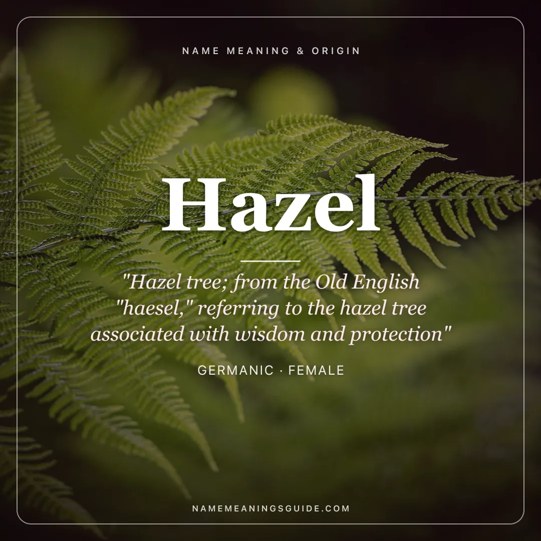 Hazel name meaning "Hazel tree; from the Old English "haesel," referring to the hazel tree associated with wisdom and protection" - Germanic female name share card | NameMeanings