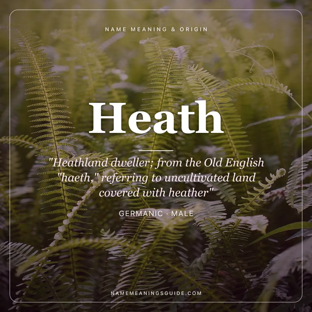 Heath name meaning "Heathland dweller; from the Old English "haeth," referring to uncultivated land covered with heather" - Germanic male name share card | NameMeanings
