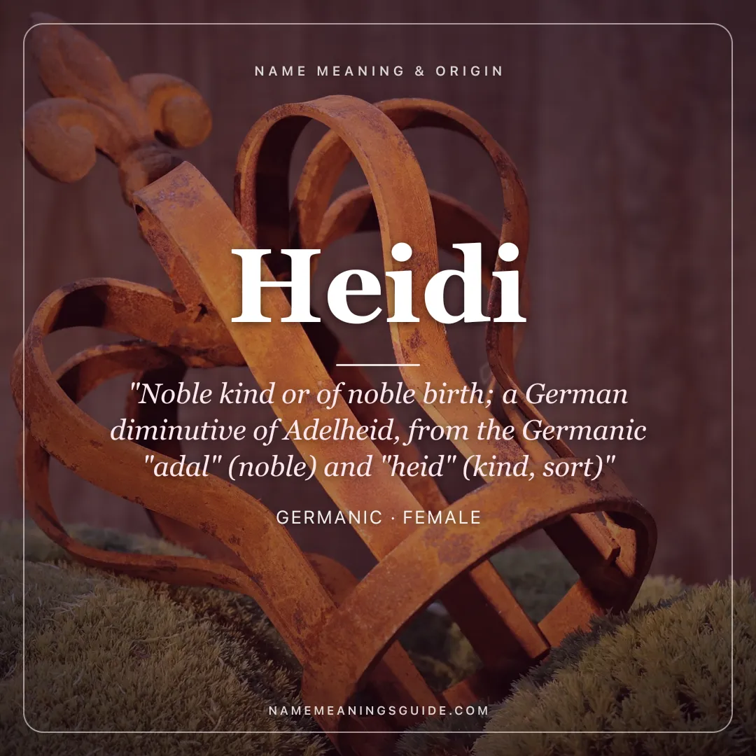 Heidi name meaning "Noble kind or of noble birth; a German diminutive of Adelheid, from the Germanic "adal" (noble) and "heid" (kind, sort)" - Germanic female name share card | NameMeanings