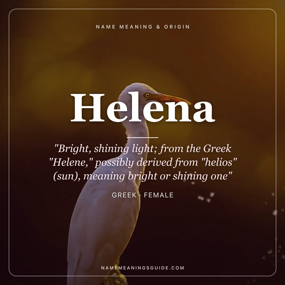 Helena name meaning "Bright, shining light; from the Greek "Helene," possibly derived from "helios" (sun), meaning bright or shining one" - Greek female name share card | NameMeanings