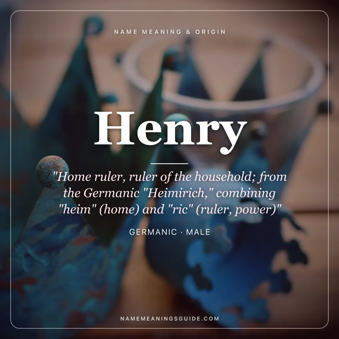 Henry name meaning "Home ruler, ruler of the household; from the Germanic "Heimirich," combining "heim" (home) and "ric" (ruler, power)" - Germanic male name share card | NameMeanings
