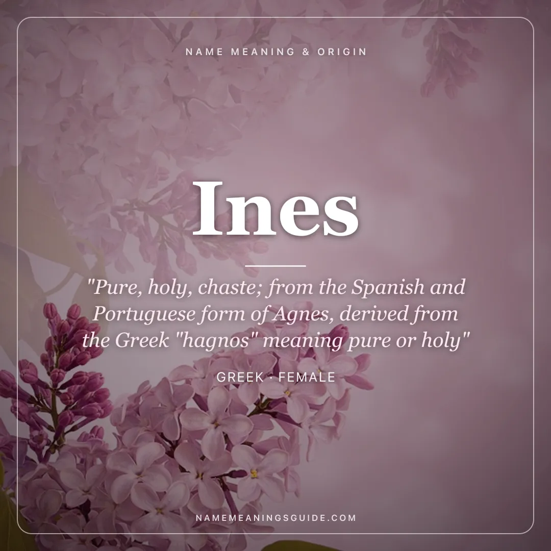 Ines name meaning "Pure, holy, chaste; from the Spanish and Portuguese form of Agnes, derived from the Greek "hagnos" meaning pure or holy" - Greek female name share card | NameMeanings