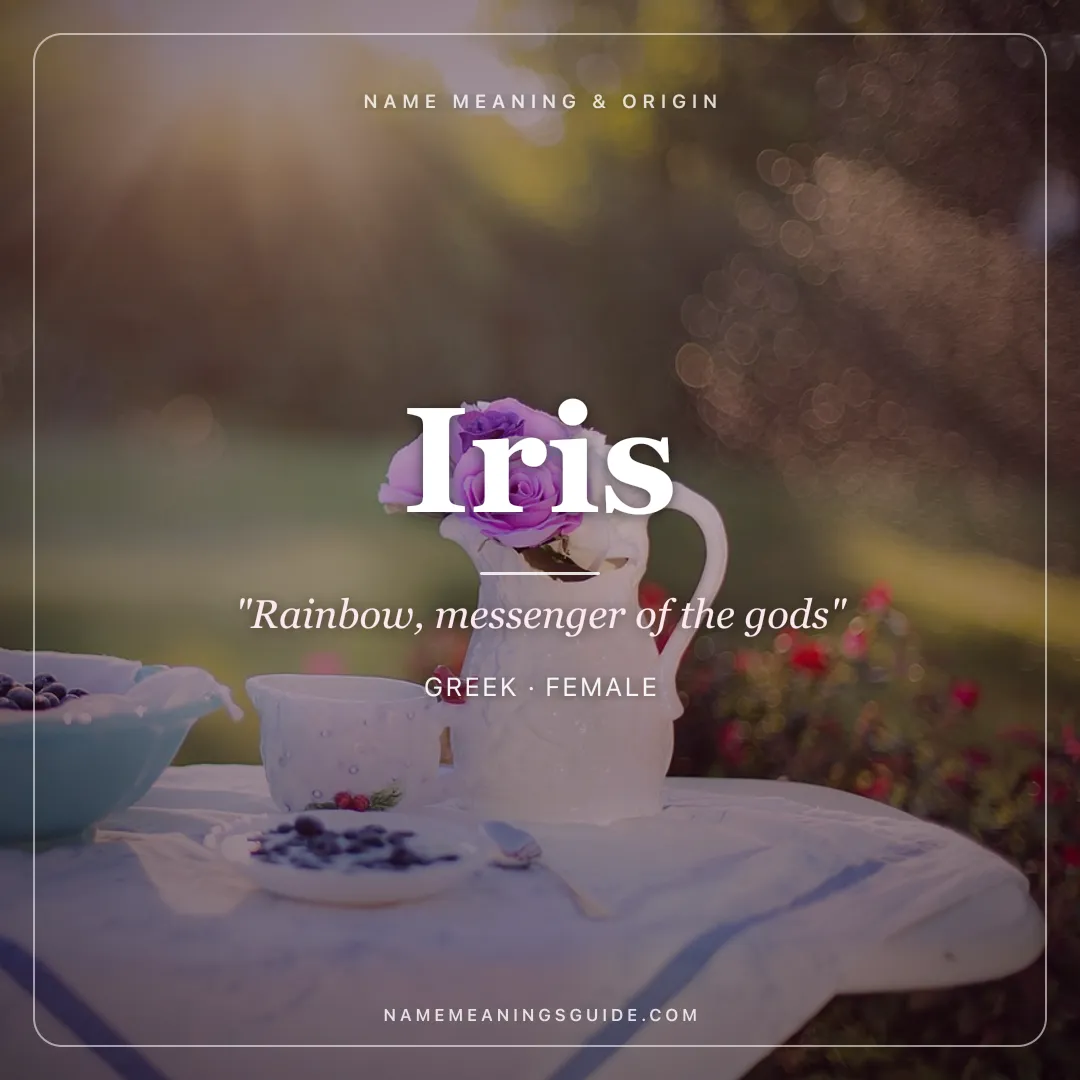Iris name meaning "Rainbow, messenger of the gods" - Greek female name share card | NameMeanings