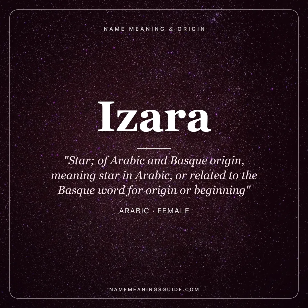 Izara name meaning "Star; of Arabic and Basque origin, meaning star in Arabic, or related to the Basque word for origin or beginning" - Arabic female name share card | NameMeanings