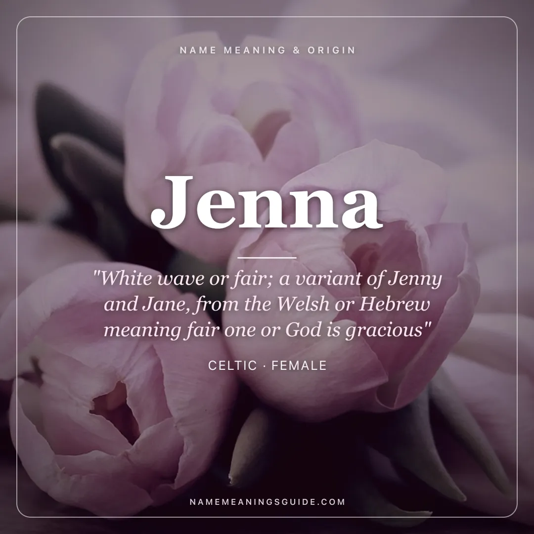 Jenna name meaning "White wave or fair; a variant of Jenny and Jane, from the Welsh or Hebrew meaning fair one or God is gracious" - Celtic female name share card | NameMeanings