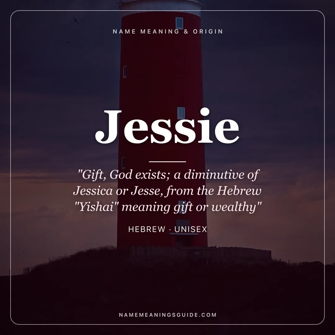 Jessie name meaning "Gift, God exists; a diminutive of Jessica or Jesse, from the Hebrew "Yishai" meaning gift or wealthy" - Hebrew unisex name share card | NameMeanings