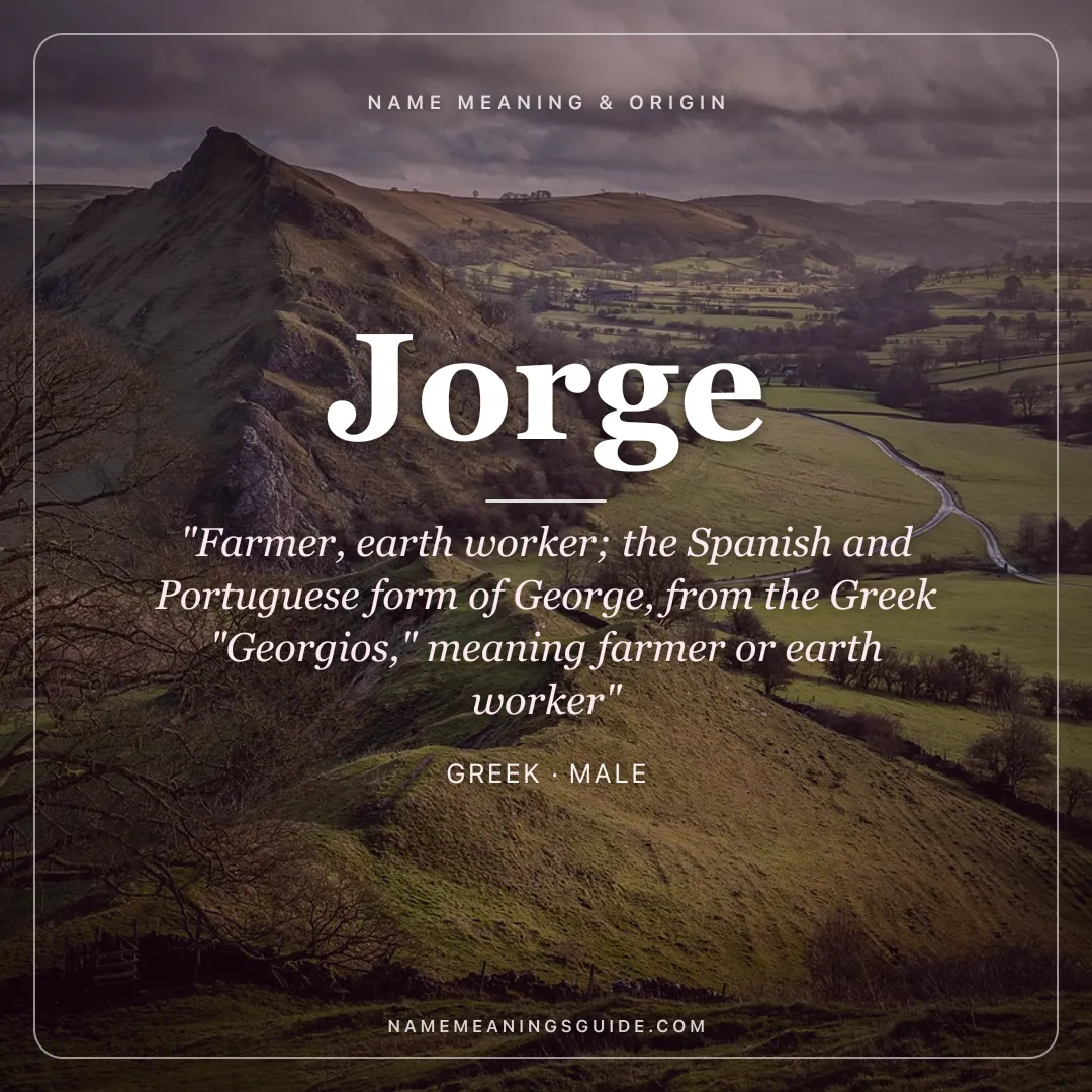 Jorge name meaning "Farmer, earth worker; the Spanish and Portuguese form of George, from the Greek "Georgios," meaning farmer or earth worker" - Greek male name share card | NameMeanings
