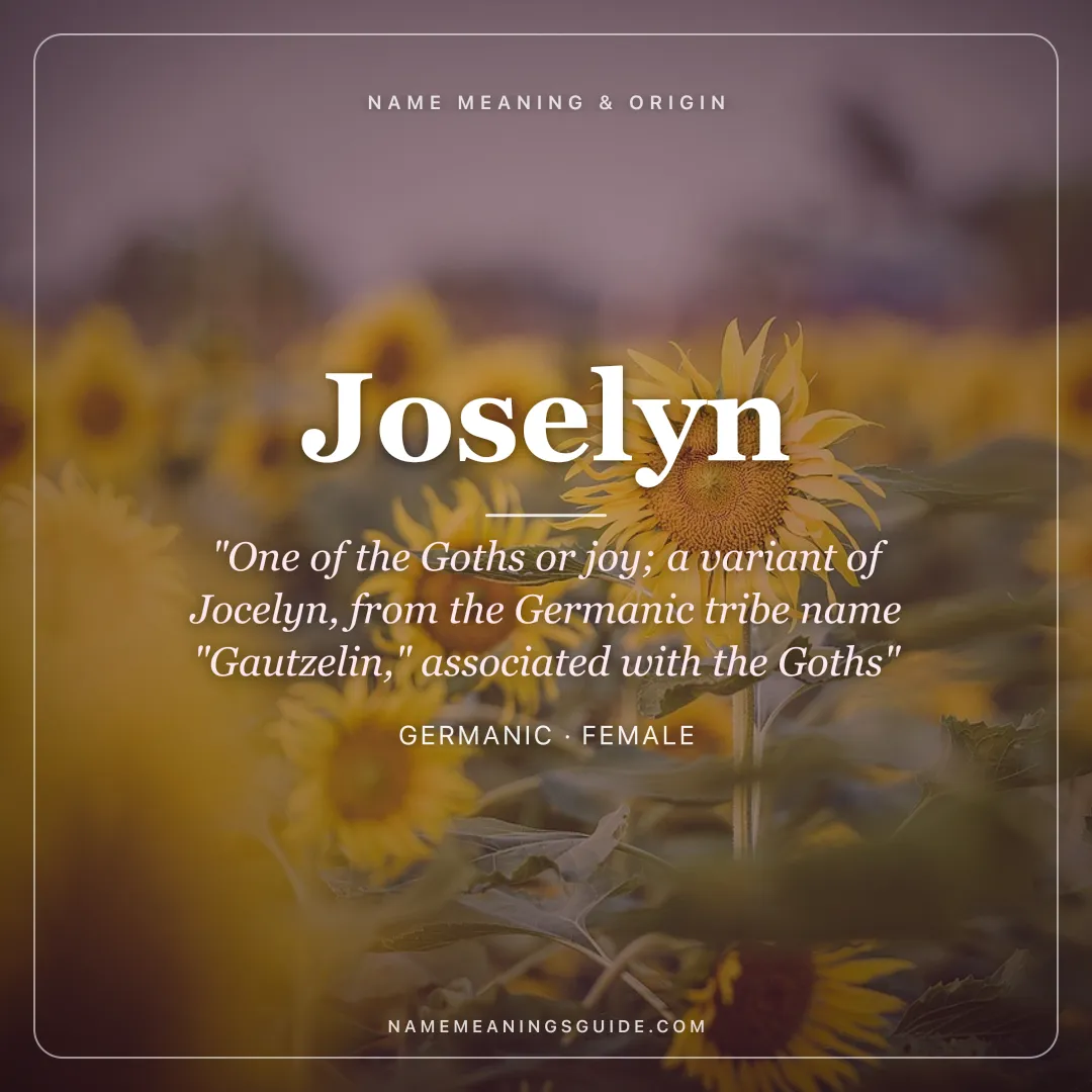 Joselyn name meaning "One of the Goths or joy; a variant of Jocelyn, from the Germanic tribe name "Gautzelin," associated with the Goths" - Germanic female name share card | NameMeanings
