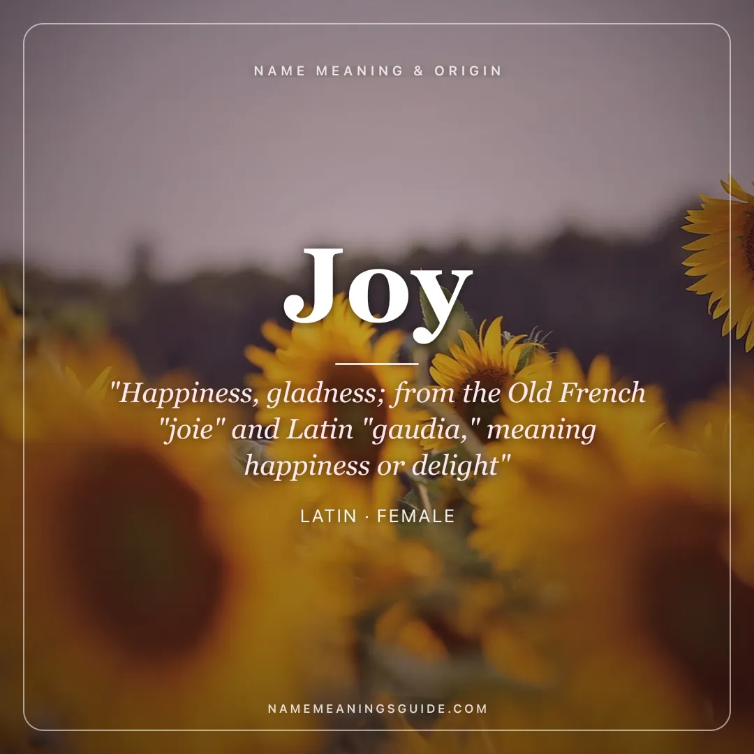 Joy name meaning "Happiness, gladness; from the Old French "joie" and Latin "gaudia," meaning happiness or delight" - Latin female name share card | NameMeanings