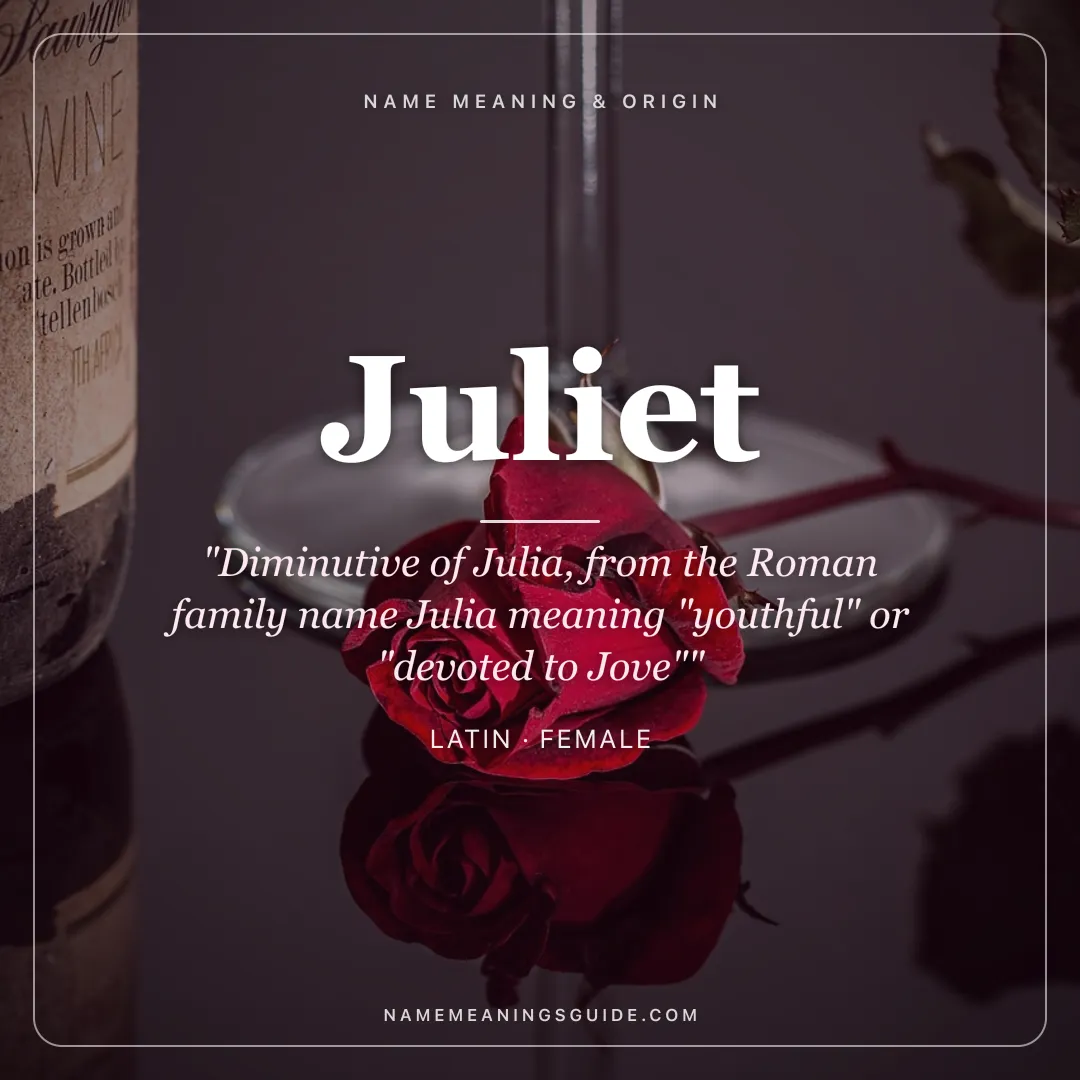 Juliet name meaning "Diminutive of Julia, from the Roman family name Julia meaning "youthful" or "devoted to Jove"" - Latin female name share card | NameMeanings