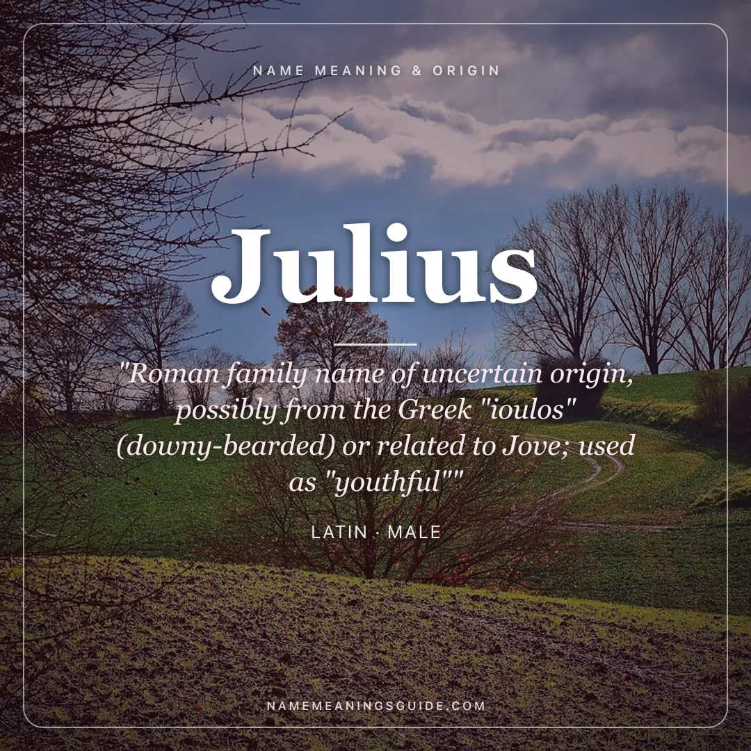 Julius name meaning "Roman family name of uncertain origin, possibly from the Greek "ioulos" (downy-bearded) or related to Jove; used as "youthful"" - Latin male name share card | NameMeanings