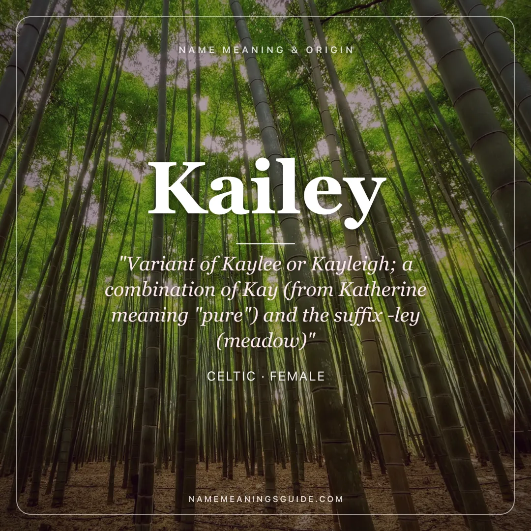 Kailey name meaning "Variant of Kaylee or Kayleigh; a combination of Kay (from Katherine meaning "pure") and the suffix -ley (meadow)" - Celtic female name share card | NameMeanings