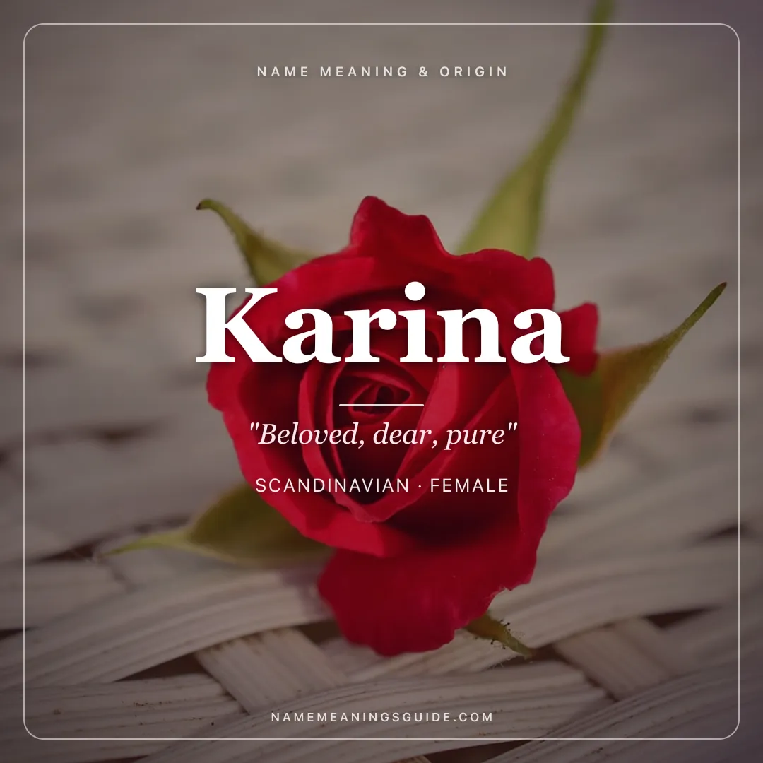 Karina name meaning "Beloved, dear, pure" - Scandinavian, Latin, Russian female name share card | NameMeanings