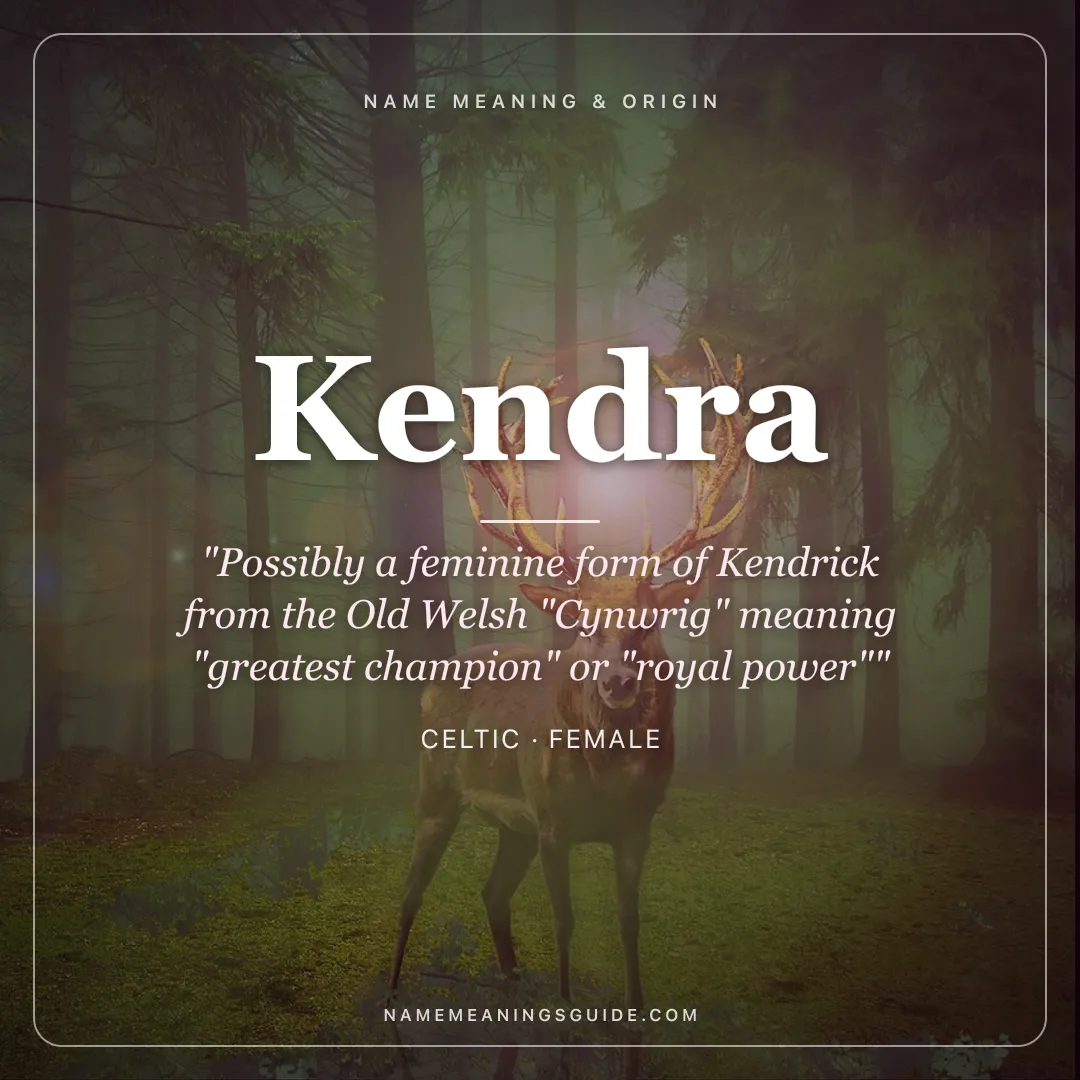 Kendra name meaning "Possibly a feminine form of Kendrick from the Old Welsh "Cynwrig" meaning "greatest champion" or "royal power"" - Celtic female name share card | NameMeanings