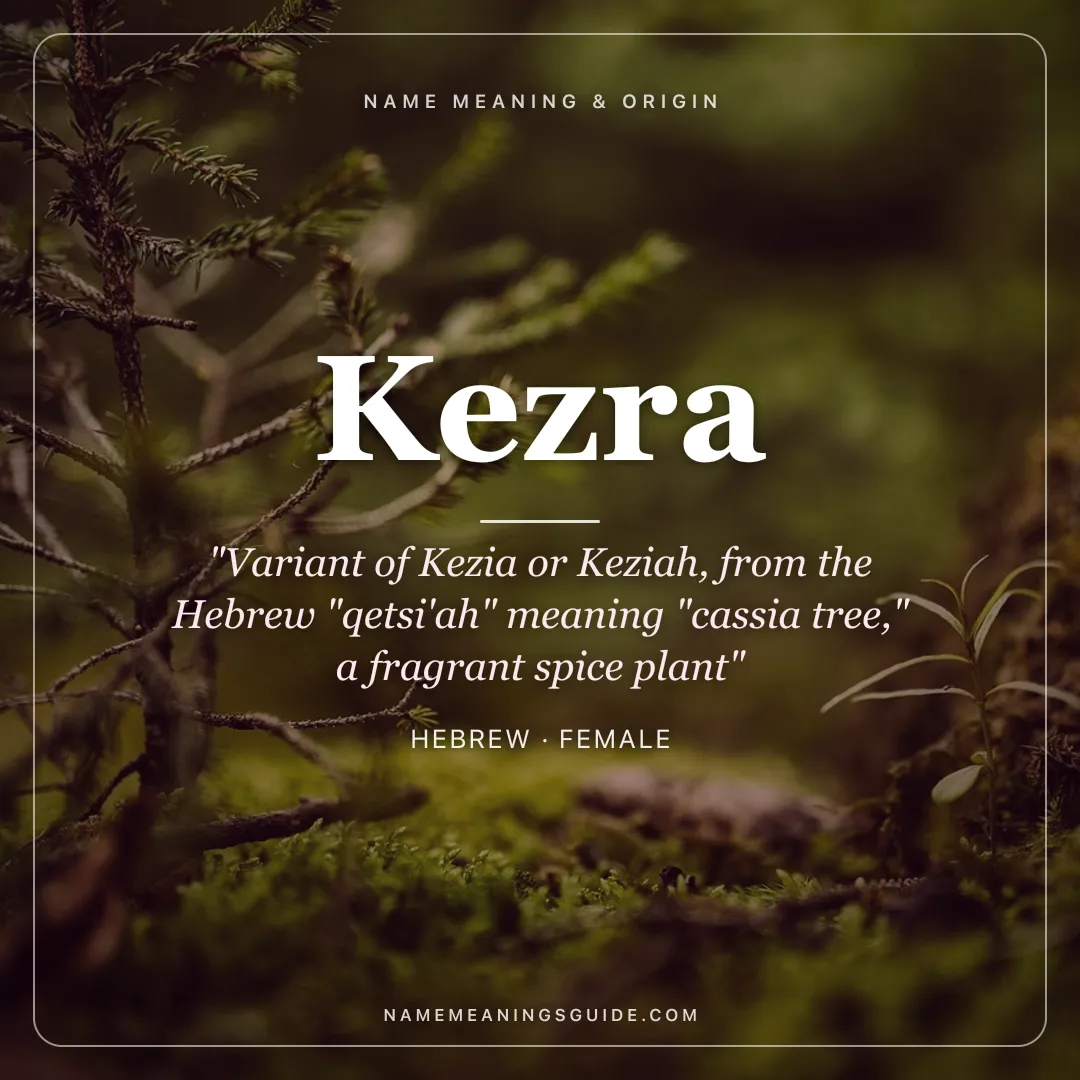 Kezra name meaning "Variant of Kezia or Keziah, from the Hebrew "qetsi'ah" meaning "cassia tree," a fragrant spice plant" - Hebrew female name share card | NameMeanings