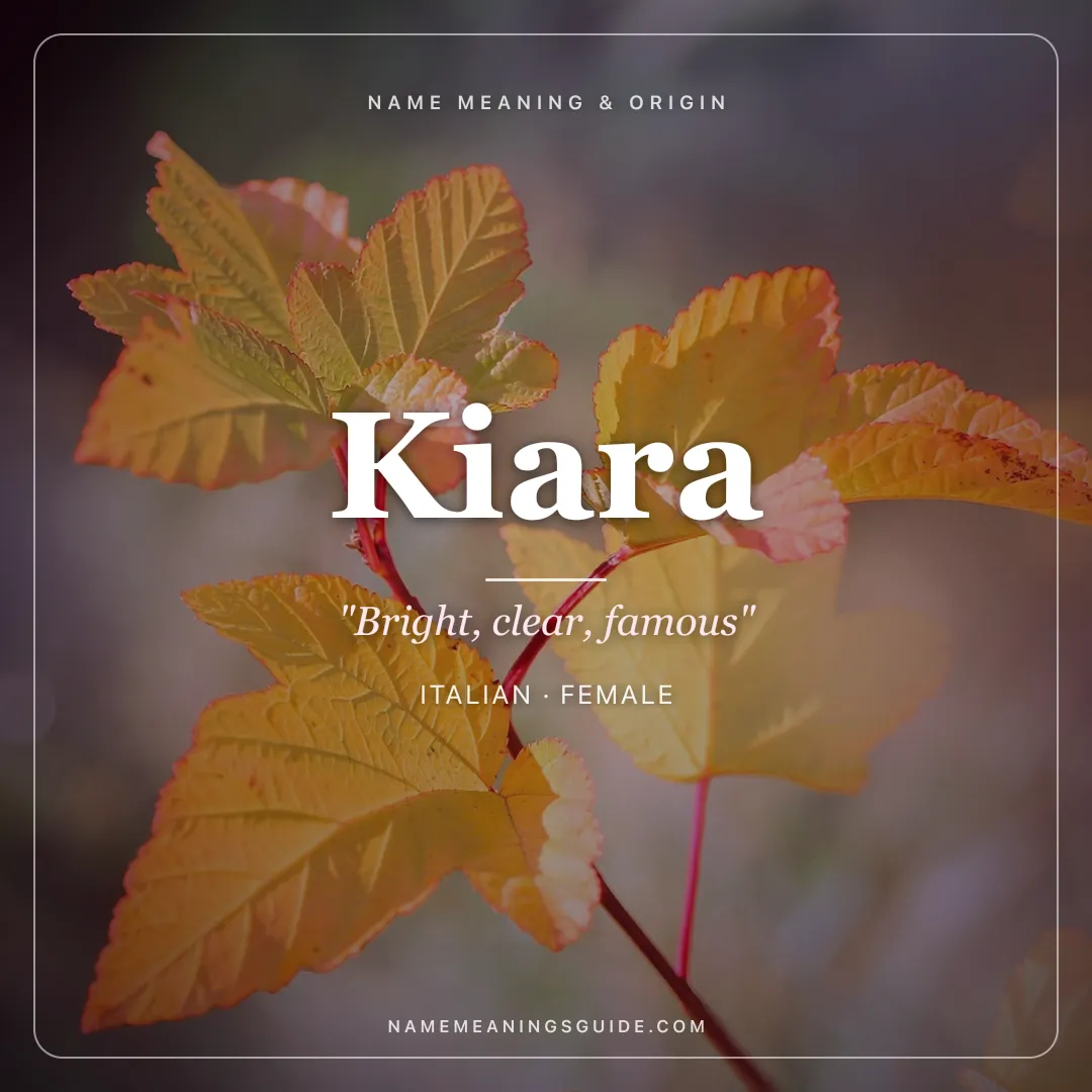 Kiara name meaning "Bright, clear, famous" - Italian, Irish female name share card | NameMeanings