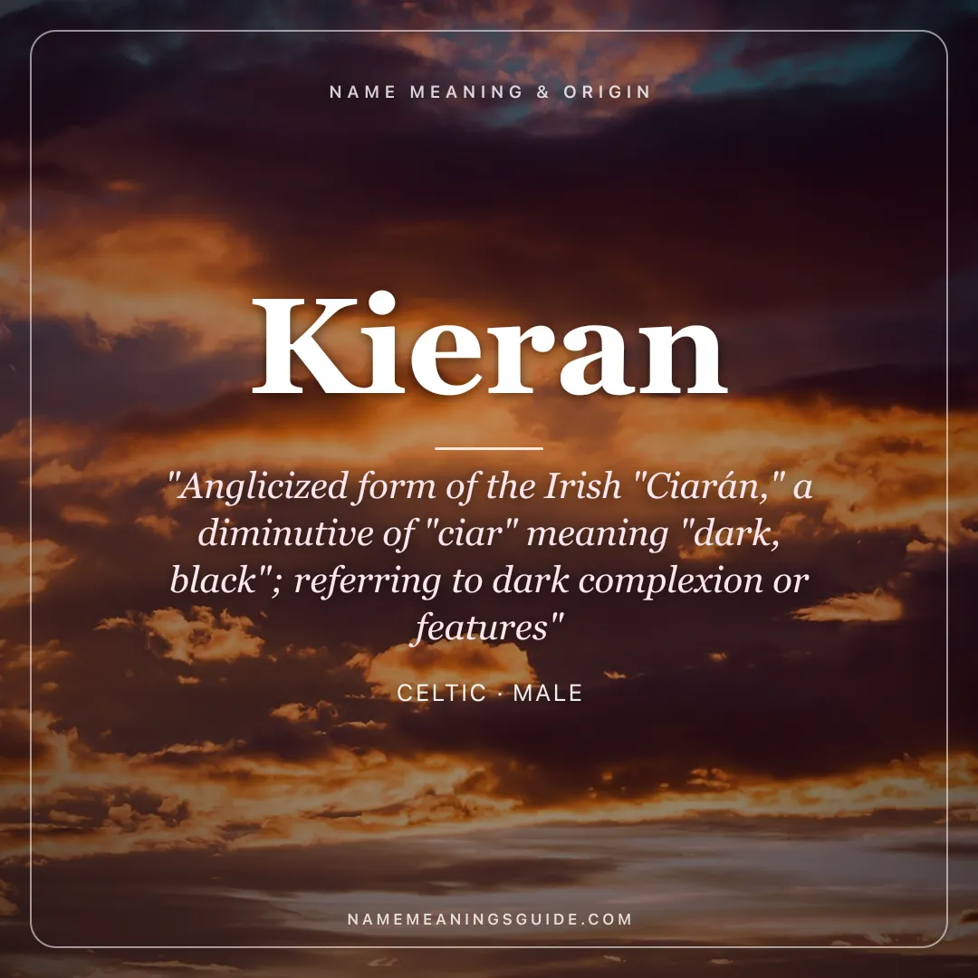 Kieran name meaning "Anglicized form of the Irish "Ciarán," a diminutive of "ciar" meaning "dark, black"; referring to dark complexion or features" - Celtic male name share card | NameMeanings