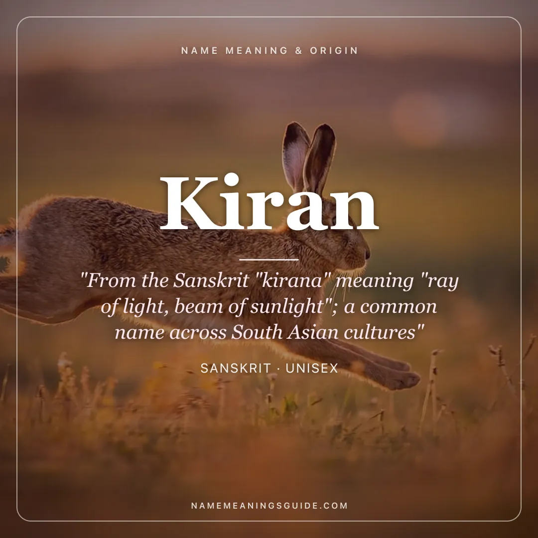Kiran name meaning "From the Sanskrit "kirana" meaning "ray of light, beam of sunlight"; a common name across South Asian cultures" - Sanskrit unisex name share card | NameMeanings