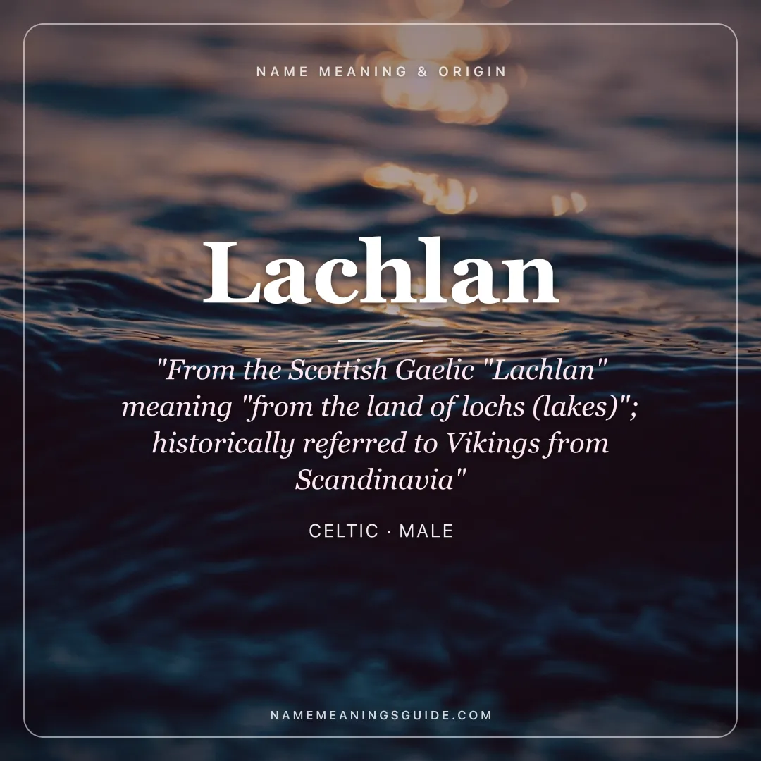 Lachlan name meaning "From the Scottish Gaelic "Lachlan" meaning "from the land of lochs (lakes)"; historically referred to Vikings from Scandinavia" - Celtic male name share card | NameMeanings