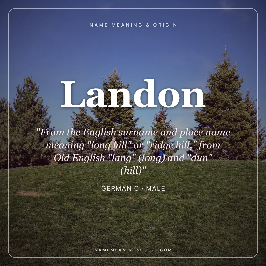 Landon name meaning "From the English surname and place name meaning "long hill" or "ridge hill," from Old English "lang" (long) and "dun" (hill)" - Germanic male name share card | NameMeanings