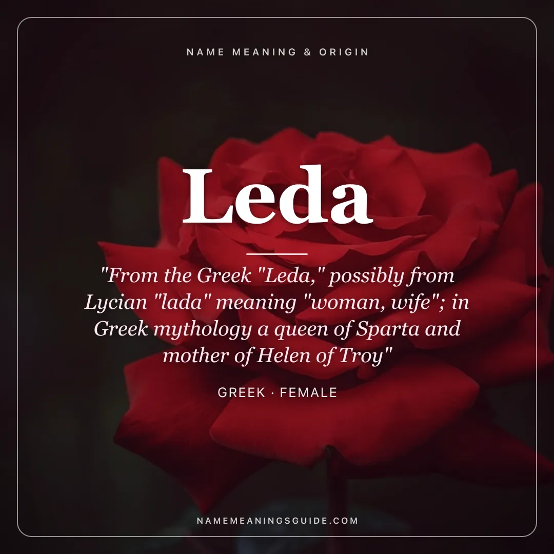 Leda name meaning "From the Greek "Leda," possibly from Lycian "lada" meaning "woman, wife"; in Greek mythology a queen of Sparta and mother of Helen of Troy" - Greek female name share card | NameMeanings