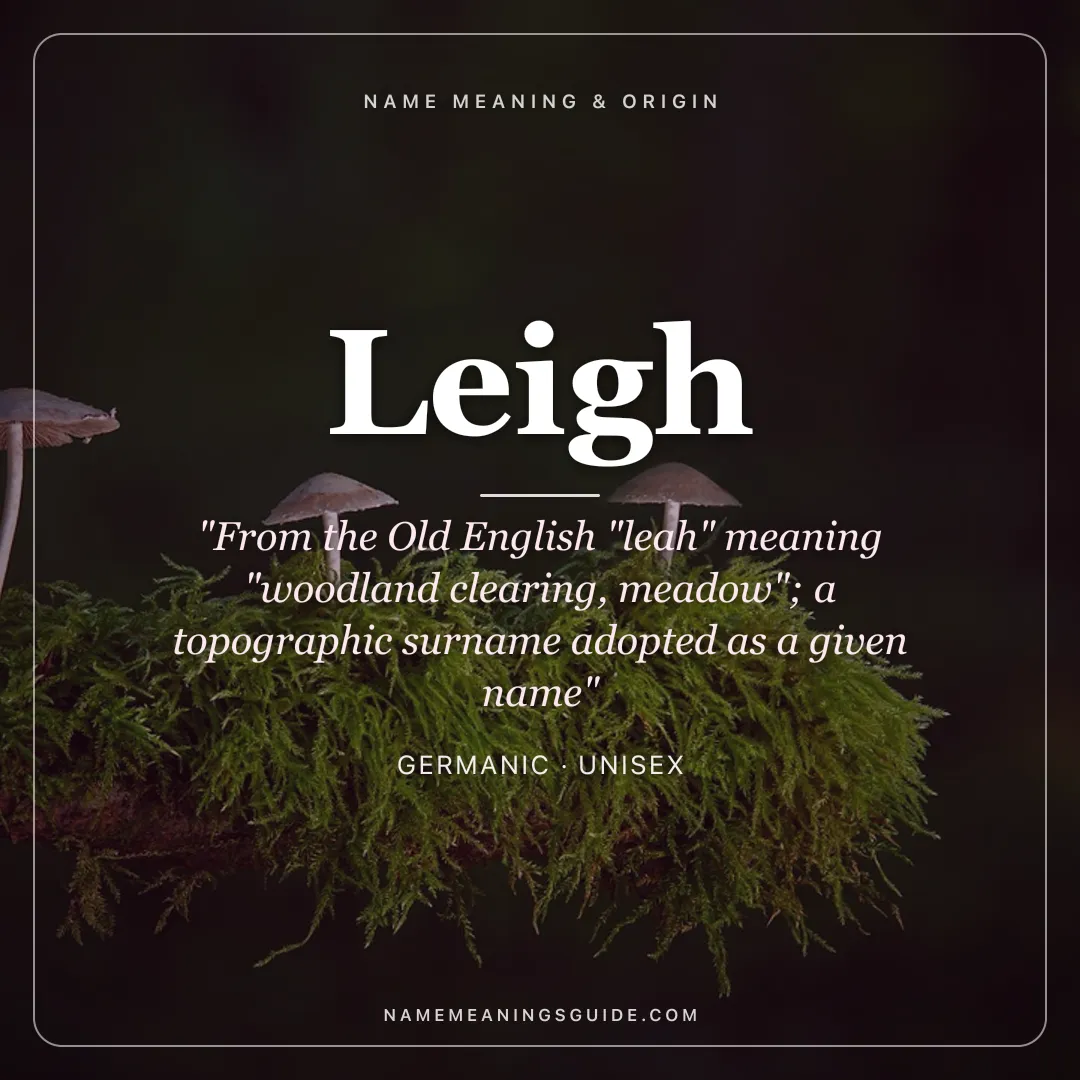 Leigh name meaning "From the Old English "leah" meaning "woodland clearing, meadow"; a topographic surname adopted as a given name" - Germanic unisex name share card | NameMeanings