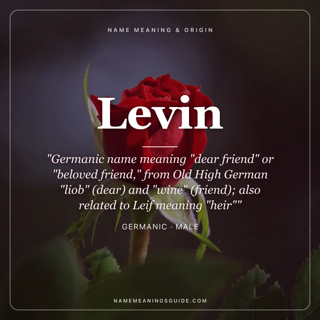 Levin name meaning "Germanic name meaning "dear friend" or "beloved friend," from Old High German "liob" (dear) and "wine" (friend); also related to Leif meaning "heir"" - Germanic male name share card | NameMeanings