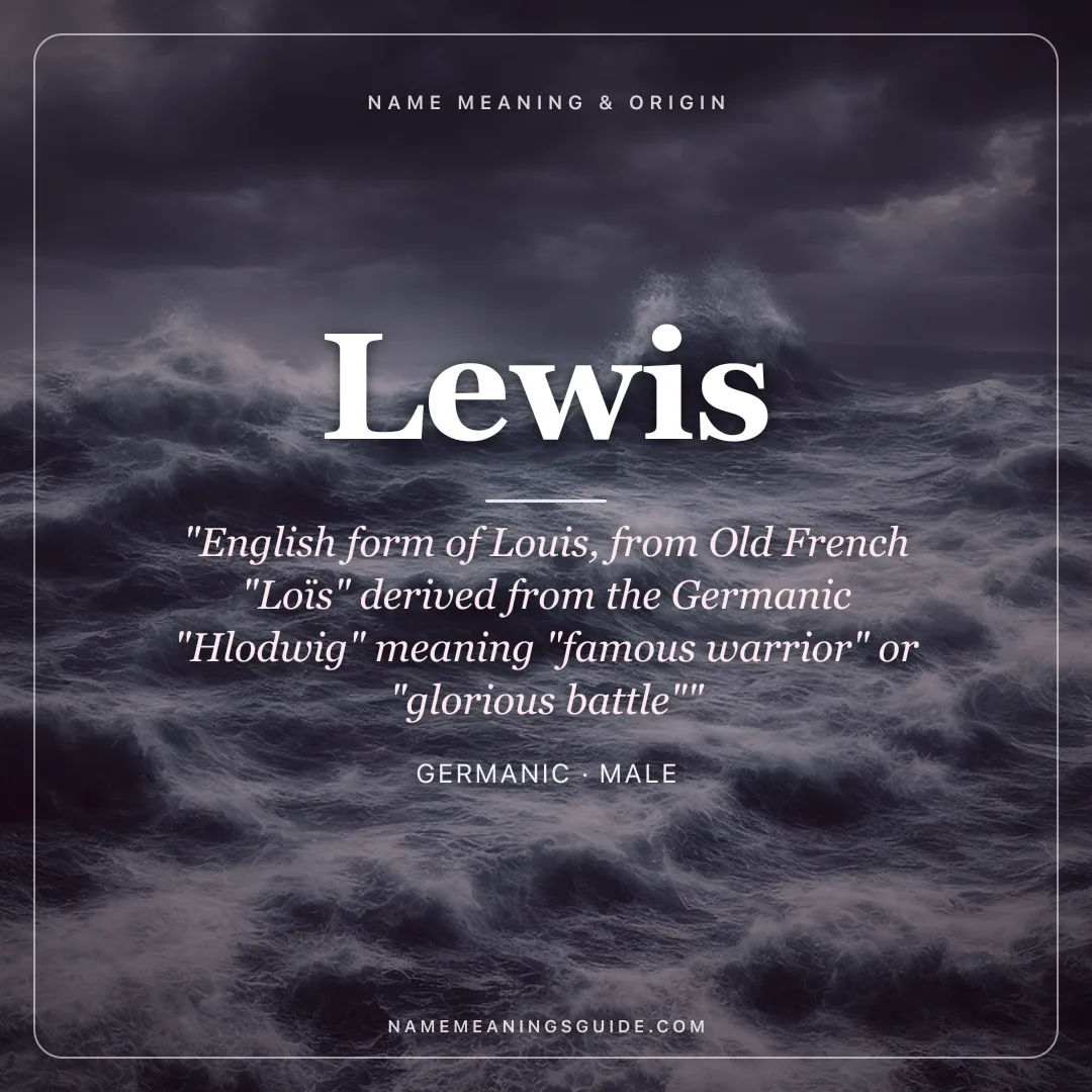 Lewis name meaning "English form of Louis, from Old French "Loïs" derived from the Germanic "Hlodwig" meaning "famous warrior" or "glorious battle"" - Germanic male name share card | NameMeanings