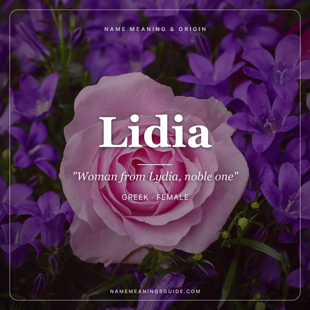 Lidia name meaning "Woman from Lydia, noble one" - Greek female name share card | NameMeanings