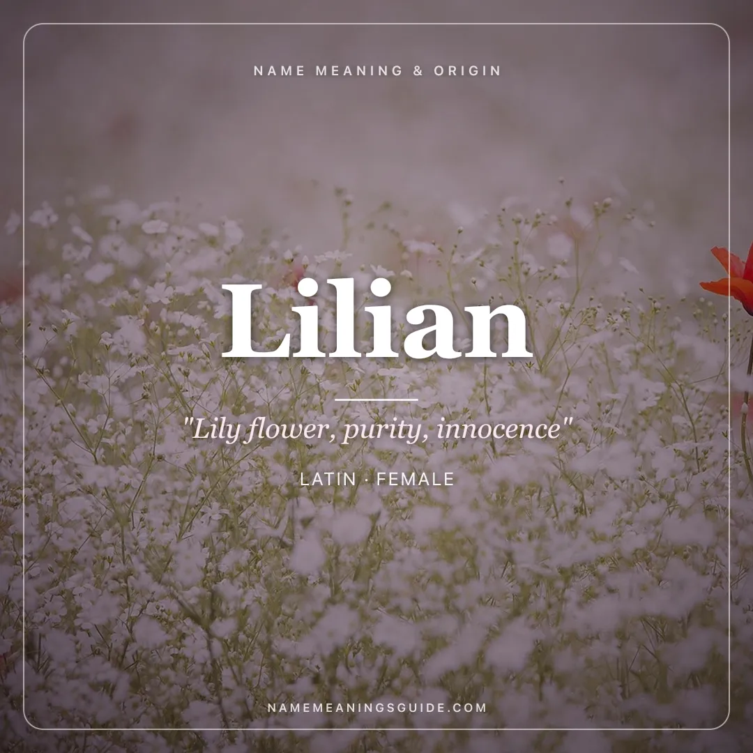 Lilian name meaning "Lily flower, purity, innocence" - Latin, English female name share card | NameMeanings