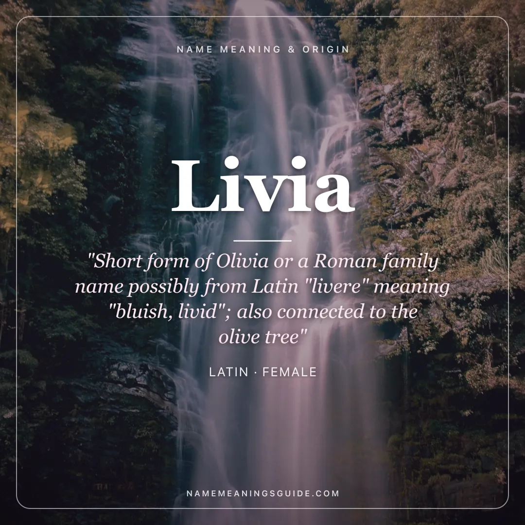 Livia name meaning "Short form of Olivia or a Roman family name possibly from Latin "livere" meaning "bluish, livid"; also connected to the olive tree" - Latin female name share card | NameMeanings