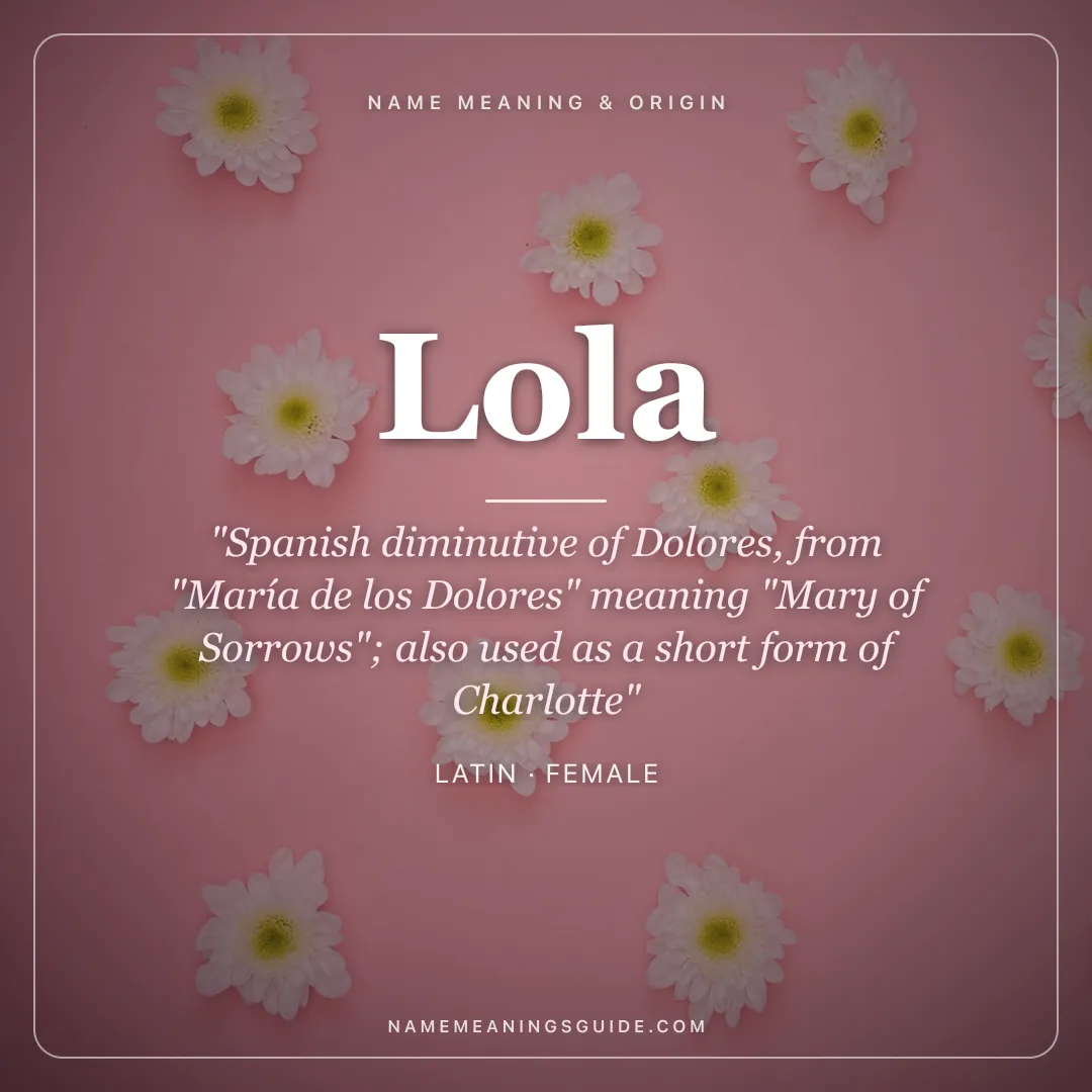 Lola name meaning "Spanish diminutive of Dolores, from "María de los Dolores" meaning "Mary of Sorrows"; also used as a short form of Charlotte" - Latin female name share card | NameMeanings