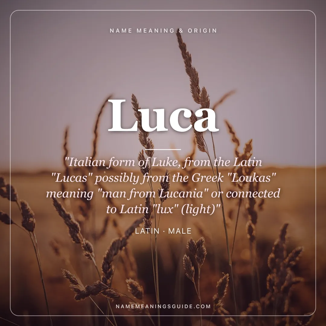Luca name meaning "Italian form of Luke, from the Latin "Lucas" possibly from the Greek "Loukas" meaning "man from Lucania" or connected to Latin "lux" (light)" - Latin male name share card | NameMeanings