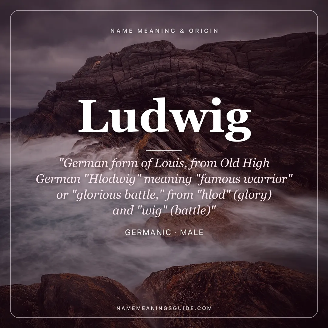 Ludwig name meaning "German form of Louis, from Old High German "Hlodwig" meaning "famous warrior" or "glorious battle," from "hlod" (glory) and "wig" (battle)" - Germanic male name share card | NameMeanings