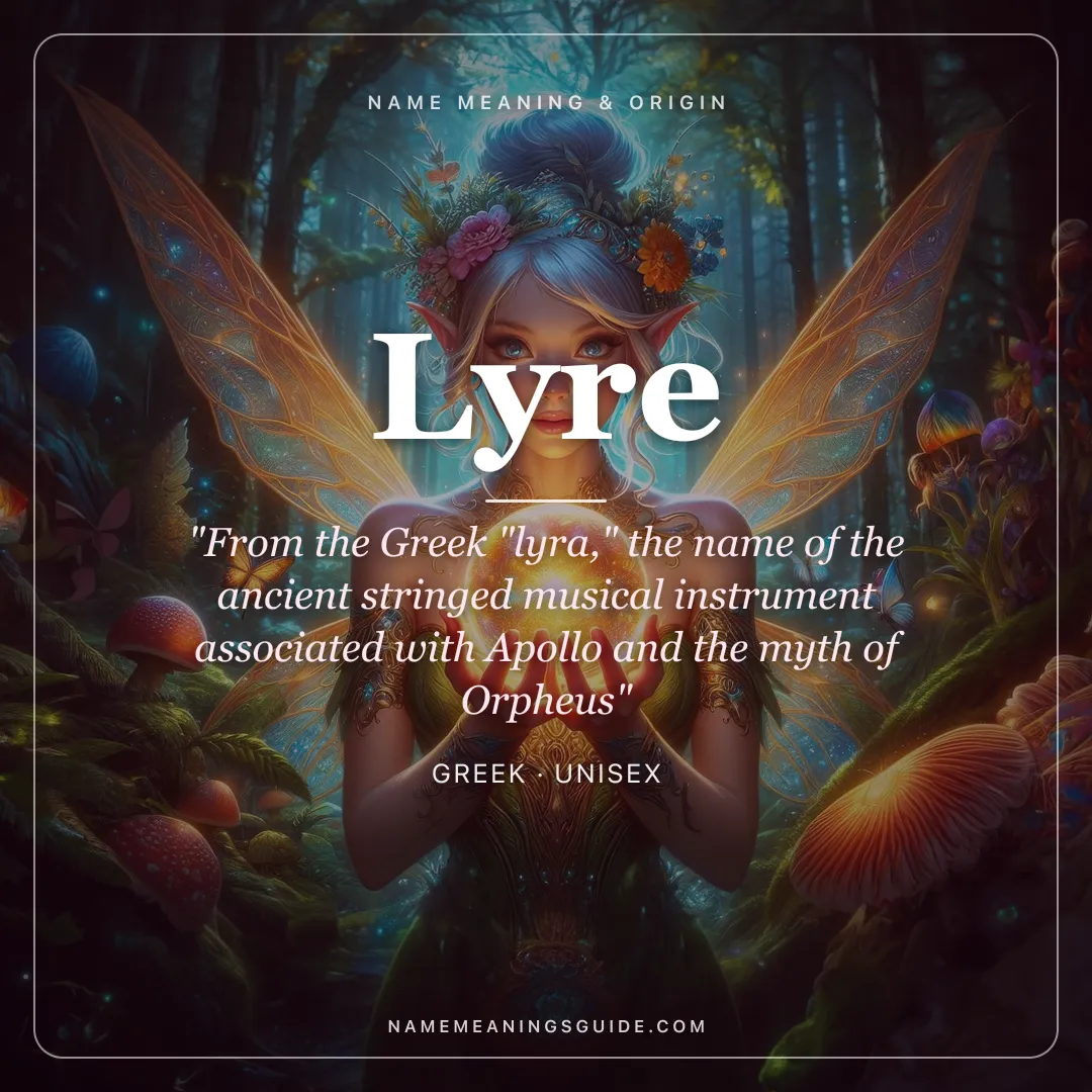Lyre name meaning "From the Greek "lyra," the name of the ancient stringed musical instrument associated with Apollo and the myth of Orpheus" - Greek unisex name share card | NameMeanings
