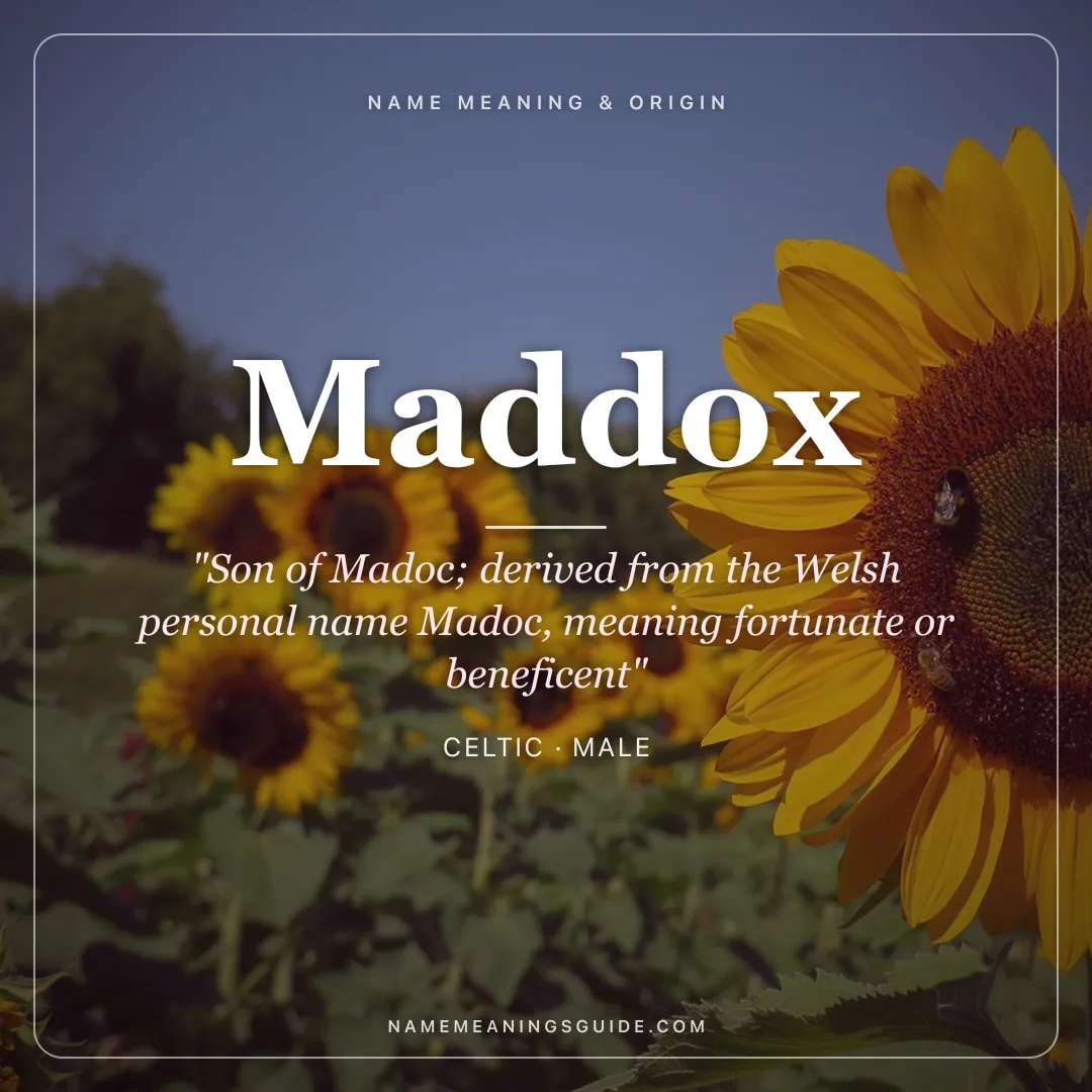 Maddox name meaning "Son of Madoc; derived from the Welsh personal name Madoc, meaning fortunate or beneficent" - Celtic male name share card | NameMeanings