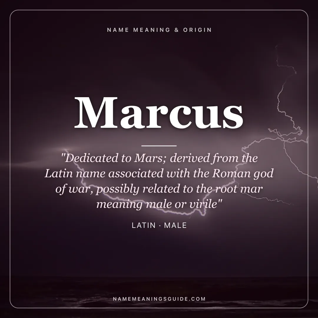 Marcus name meaning "Dedicated to Mars; derived from the Latin name associated with the Roman god of war, possibly related to the root mar meaning male or virile" - Latin male name share card | NameMeanings
