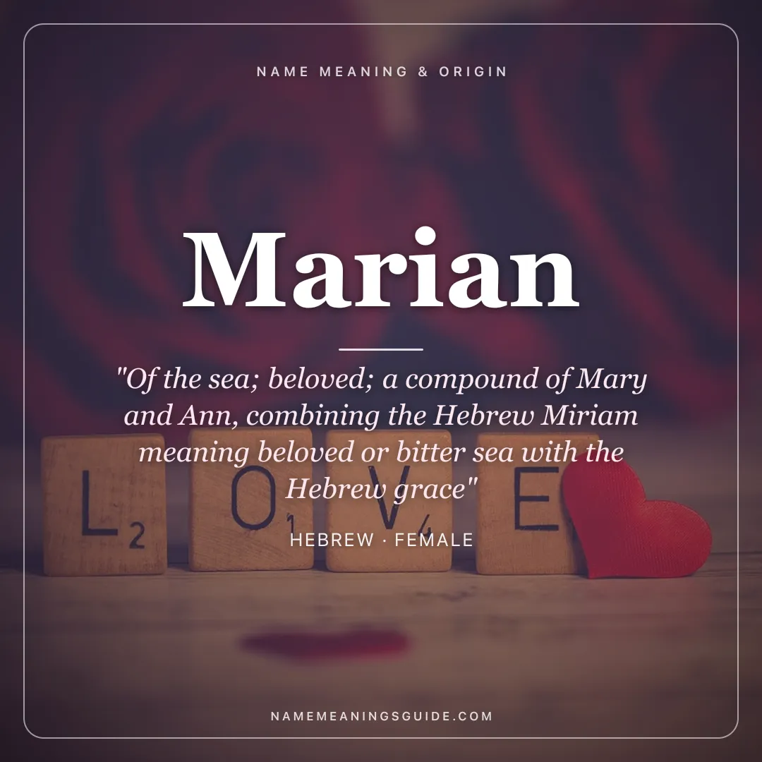 Marian name meaning "Of the sea; beloved; a compound of Mary and Ann, combining the Hebrew Miriam meaning beloved or bitter sea with the Hebrew grace" - Hebrew female name share card | NameMeanings