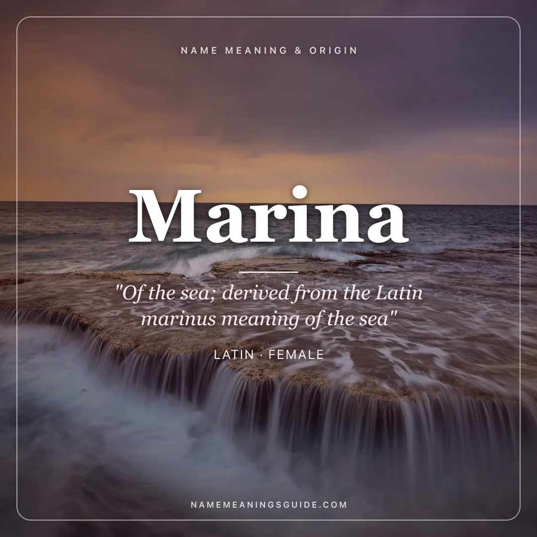 Marina name meaning "Of the sea; derived from the Latin marinus meaning of the sea" - Latin female name share card | NameMeanings