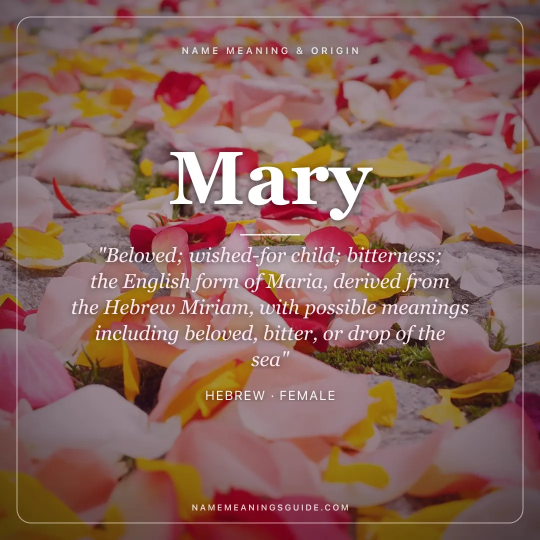 Mary name meaning "Beloved; wished-for child; bitterness; the English form of Maria, derived from the Hebrew Miriam, with possible meanings including beloved, bitter, or drop of the sea" - Hebrew female name share card | NameMeanings
