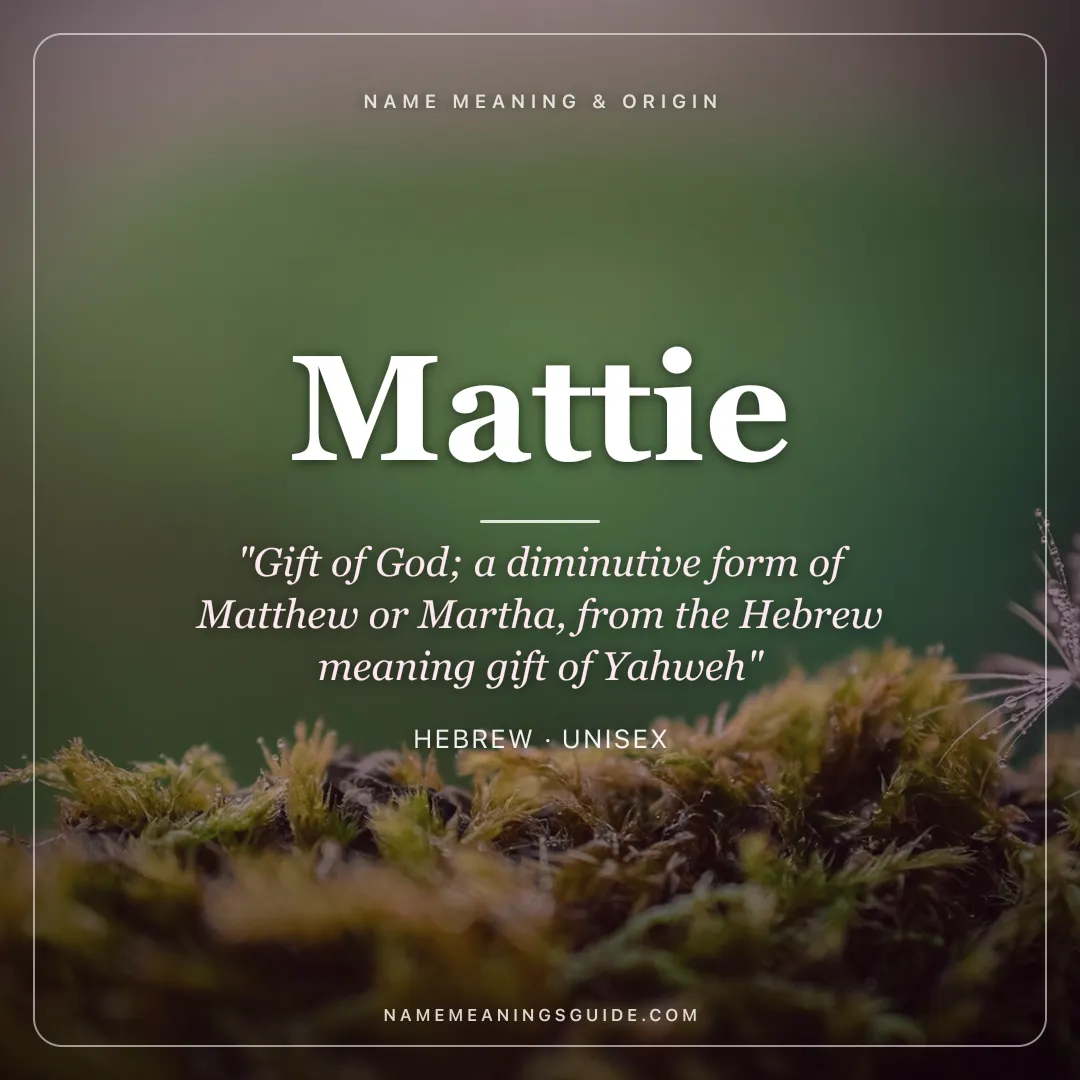 Mattie name meaning "Gift of God; a diminutive form of Matthew or Martha, from the Hebrew meaning gift of Yahweh" - Hebrew unisex name share card | NameMeanings