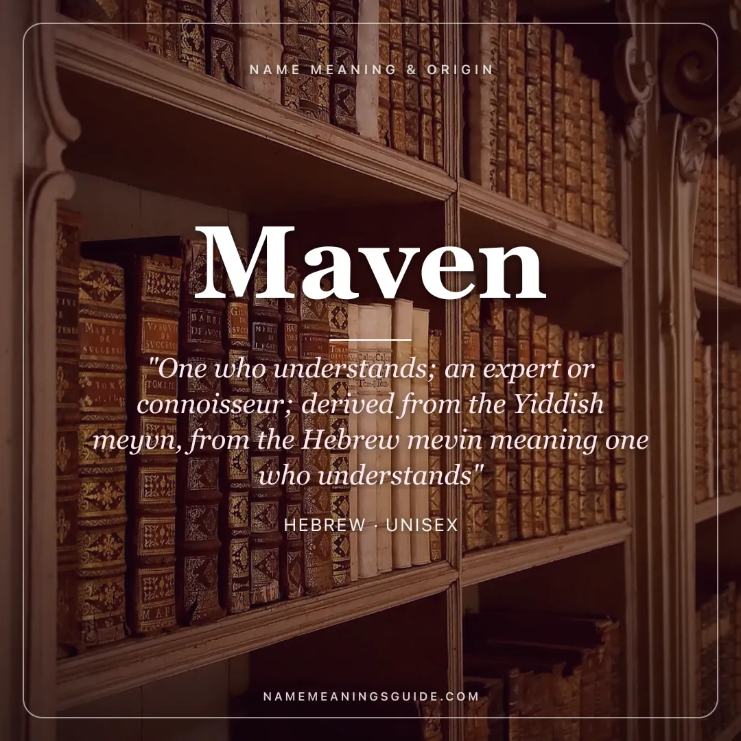 Maven name meaning "One who understands; an expert or connoisseur; derived from the Yiddish meyvn, from the Hebrew mevin meaning one who understands" - Hebrew unisex name share card | NameMeanings