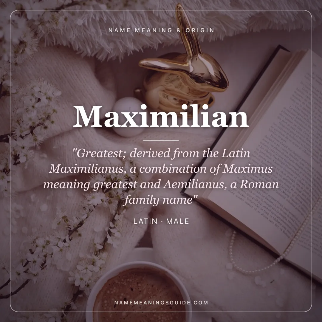 Maximilian name meaning "Greatest; derived from the Latin Maximilianus, a combination of Maximus meaning greatest and Aemilianus, a Roman family name" - Latin male name share card | NameMeanings