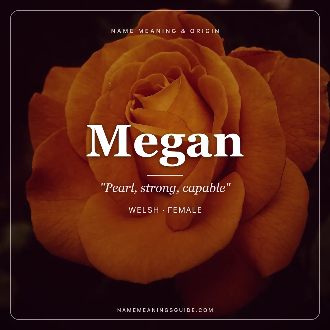 Megan name meaning "Pearl, strong, capable" - Welsh, Greek female name share card | NameMeanings