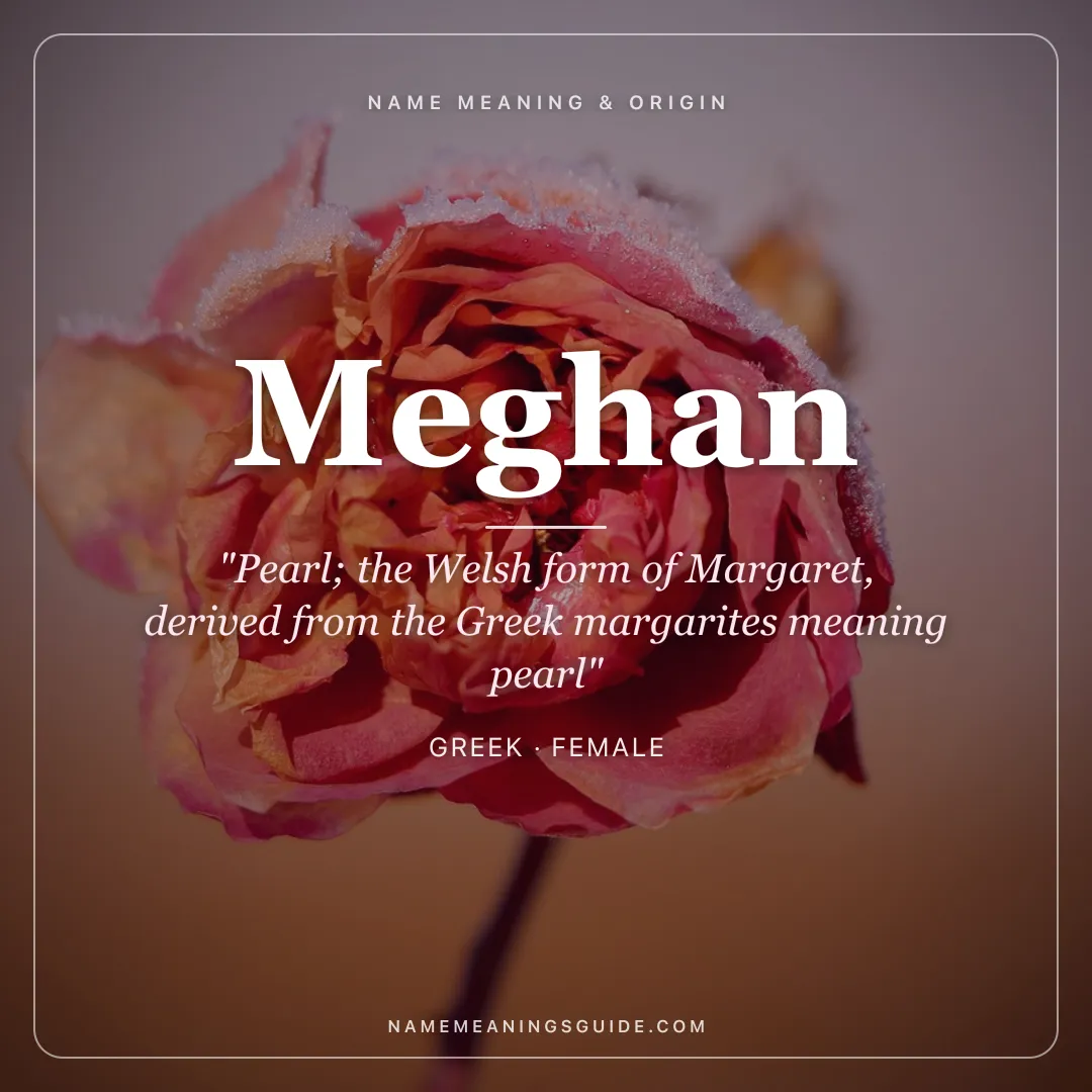 Meghan name meaning "Pearl; the Welsh form of Margaret, derived from the Greek margarites meaning pearl" - Greek female name share card | NameMeanings